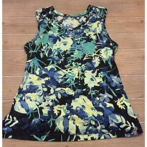 Title Nine MATAHARI Tank Top Sleeveless Shirt Blue Green Floral Watercolor Large